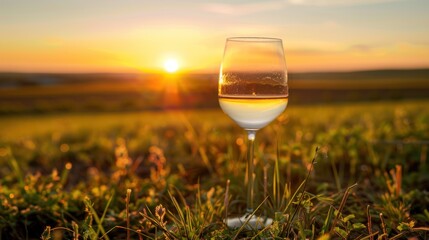 A wine glass resting on the grass amidst an open landscape as the sun descends above the horizon