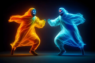 Two Glowing Ghosts Facing Each Other, halloween, spooky, scary, spirit, apparition