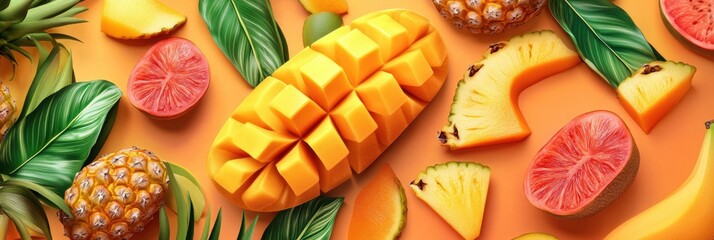Poster - A stunning display of tropical fruits features vibrant mangoes, sweet pineapples, and fresh papayas on a bright, colorful surface. Generative AI
