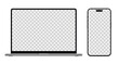 © dlyastokiv - Laptop computer and smartphone with blank screen, modern mobile phone and pc device mockup with empty display for ui, ux, app, website, devices on transparent background
