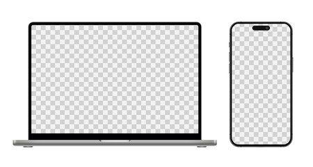 Poster - Laptop computer and smartphone with blank screen, modern mobile phone and pc device mockup with empty display for ui, ux, app, website, devices on transparent background