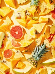 Aufkleber - Slices of tropical fruits like pineapples, mangoes, and papayas are arranged beautifully against a vibrant yellow backdrop. Generative AI