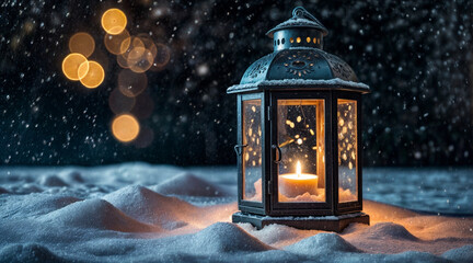 Lantern with burning candle in snow at night. Christmas background.