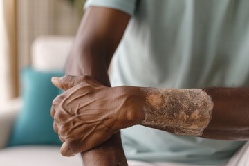 A close-up of a person's arm showing psoriasis patches