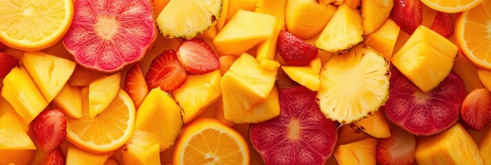 Aufkleber - A colorful array of diced tropical fruits such as pineapples, mangoes, and papayas showcases their freshness and vibrant textures. Generative AI