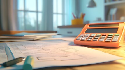 3D Render of Calculator with Property Loan Paperwork and Interest Rate Breakdown for Financial