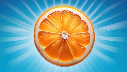 Poster - High-Resolution Macro of a Fresh Orange Slice with Intricate Pulp Details Against a Radiant Blue Background. Perfect for Health, Wellness, Citrus Themed Advertising, and Refreshment Concepts