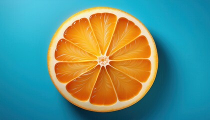 Poster - High-Resolution Macro of a Fresh Orange Slice with Intricate Pulp Details Against a Radiant Blue Background. Perfect for Health, Wellness, Citrus Themed Advertising, and Refreshment Concepts