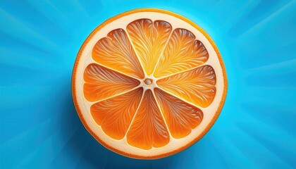 Poster - High-Resolution Macro of a Fresh Orange Slice with Intricate Pulp Details Against a Radiant Blue Background. Perfect for Health, Wellness, Citrus Themed Advertising, and Refreshment Concepts