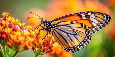 monarch butterfly feeding on flower with extreme close-up view