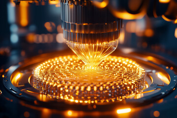 Poster - A laser system precisely shapes materials, highlighting modern industry in a lively, dynamic setting