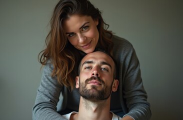 Wall Mural - A couple embracing each other indoors during a relaxed moment, showcasing love and connection in a cozy setting