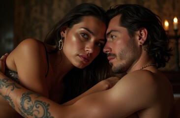 Wall Mural - romantic couple embracing in a dimly lit room with vintage decor, capturing an intimate moment at ni