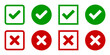 © Graph6ix - Green check mark and red cross icon in four variants, confirm and deny line art color icon, set of right and wrong simple web buttons with circle and rounded corner shapes isolated on white background