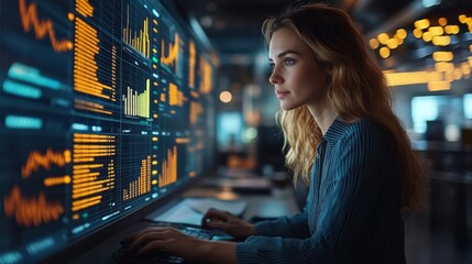 Aufkleber - In a contemporary office setting, a woman with long hair intently examines vibrant data visualizations on multiple screens, lost in her work during the late hours.