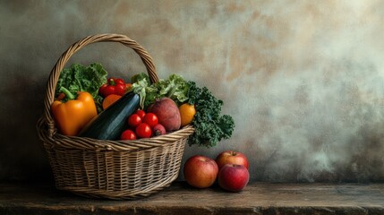 Poster - A wicker basket brimming with a vibrant selection of fresh vegetables and fruits rests on a rustic wooden table. Generative AI