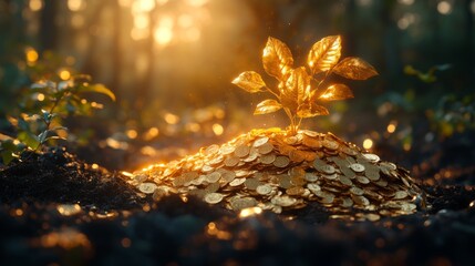 Poster - A vibrant golden plant emerges from a pile of gleaming coins, illuminated by warm sunlight filtering through a dense forest in the morning.