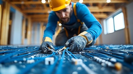 Poster - A construction worker in a hard hat and gloves carefully arranges various electrical wires on the floor of a building site, ensuring proper setup before installation.
