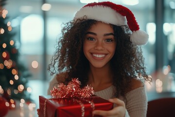 young woman wearing a tinsel garland and Santa hat holding a gift box in front of an office desk, smiling happily at the camera