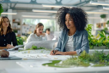 Two young women are collaborating in a bright and modern office environment, focusing on creative design projects amidst abundant greenery.