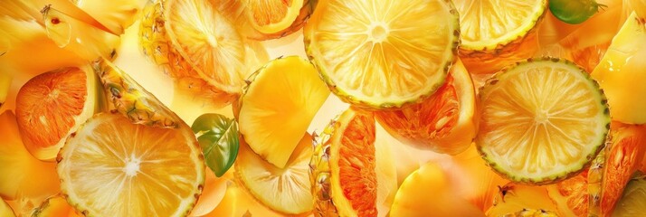 Aufkleber - Sliced tropical fruits including pineapples, mangoes, and papayas create a vibrant collage on a colorful background, inviting a fresh experience. Generative AI