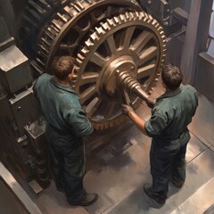 Two workers operate a large gear in an industrial setting.