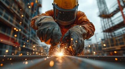 Aufkleber - A construction worker focuses on welding steel beams at a construction site, surrounded by flying sparks and scaffolding. The scene reflects the intense activity happening during the day.