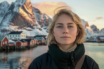 Wall Mural - Young Woman Exploring Scenic Nordic Fishing Village with Snow-Capped Mountains at Sunset