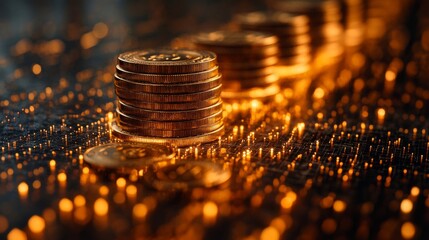 Fototapete - Golden coins are meticulously stacked on a dark surface, while brilliant lights shimmer in the background, enhancing the luxurious feel of the arrangement.