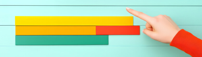 Hand pointing at colorful bar graph illustrating data analysis trends