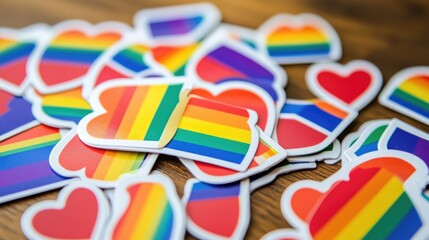 Fototapete - A mix of colorful Pride stickers with rainbow flags, hearts, and symbols of unity and inclusion for LGBTQ pride.
