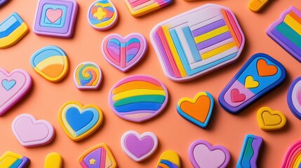 Fototapete - A mix of colorful Pride stickers with rainbow flags, hearts, and symbols of unity and inclusion for LGBTQ pride.