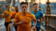 © neatlynatly - A group of young runners in vibrant sportswear runs energetically under a city bridge at sunrise, capturing a sense of vitality and movement.