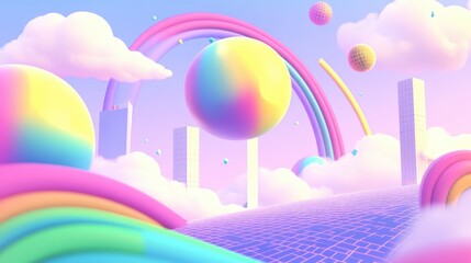 Poster - A rainbow static background with colorful, floating geometric shapes and pixelated elements creating a retro glitch vibe.