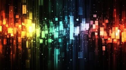 Poster - A rainbow static background with colorful, floating geometric shapes and pixelated elements creating a retro glitch vibe.