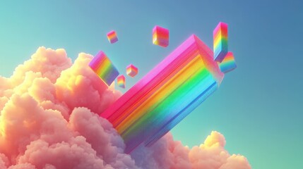 Poster - A rainbow static background with colorful, floating geometric shapes and pixelated elements creating a retro glitch vibe.