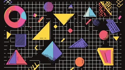 Poster - A rainbow static pattern combined with triangles, squares, and other geometric shapes, adding to the retro-futuristic look. 41dd360fcf05