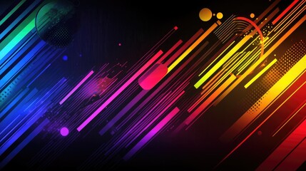 Poster - A rainbow static pattern combined with triangles, squares, and other geometric shapes, adding to the retro-futuristic look. 41dd360fcf05