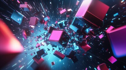 Fototapete - A screen with rainbow static distortion, filled with floating geometric shapes and glitch effects.