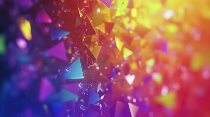 Fototapete - A screen with rainbow static distortion, filled with floating geometric shapes and glitch effects.