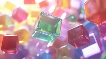 Fototapete - A static-filled screen background with rainbow colors and vibrant geometric shapes floating in the foreground.