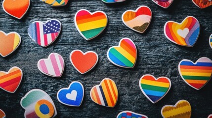 Fototapete - A variety of Pride-themed stickers featuring hearts, flags, and empowering quotes supporting LGBTQ rights.