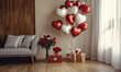 © Kim - Romantic living room with red and white heart balloons, gift box, and bouquet of red roses