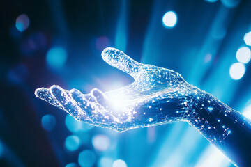 Poster - A human and a robotic hand elegantly reach out, symbolizing the merging of technology and humanity