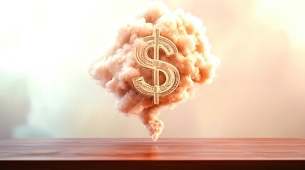 A thought bubble representing a new concept for financial solutions of a dollar sign emerging from a cloud, floating above a business table.