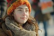© neatlynatly - A young girl with a content expression wears a colorful knit hat and scarf outdoors during a climate change protest.