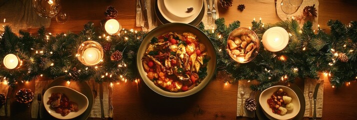 Aufkleber - A beautifully arranged Christmas table features festive dishes surrounded by glowing candles and lush garlands, perfect for holiday gatherings. Generative AI