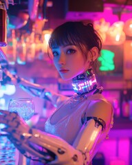 neon cyborg hot bartender woman behond the disk serving a sparkling neon Silver drink