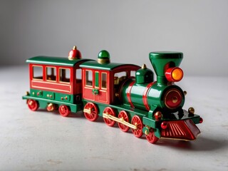 A festive toy train with bright red and green colors, adorned with holiday decorations and gifts, bringing joy and nostalgia to the holiday season