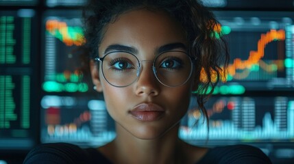Aufkleber - A young woman with curly hair and glasses focuses on financial data displayed on multiple screens in a contemporary office. She appears engaged and thoughtful.